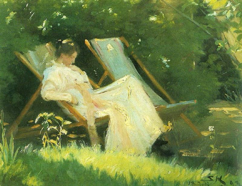 Peter Severin Kroyer kunstnerens hustru siddende i en havestol i deres have pa skagen Germany oil painting art
